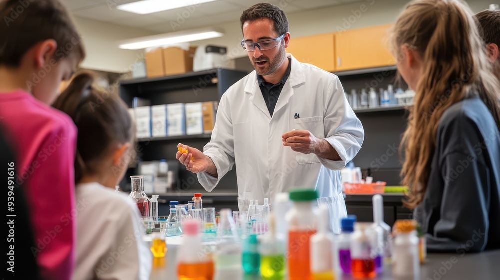 A scientist in a lab coat teaching a group of students about a chemistry experiment, with various colorful chemicals on the table A scientist in a lab coat teaching a group of students about a chemistry experiment, with various colorful chemicals on the table
