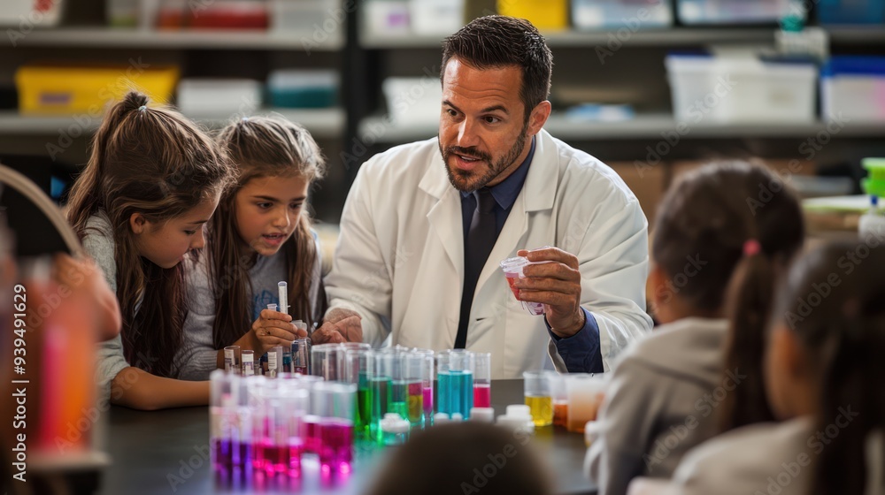 A scientist in a lab coat teaching a group of students about a chemistry experiment, with various colorful chemicals on the table A scientist in a lab coat teaching a group of students about a chemistry experiment, with various colorful chemicals on the table