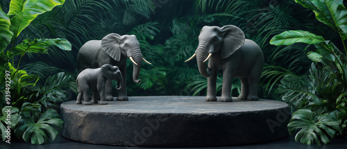 A beautifully crafted set of elephant sculptures surrounded by lush greenery, perfect for nature-themed decor and wildlife appreciation. photo