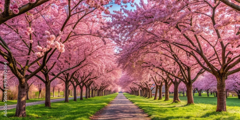 Naklejka premium Scenic park with rows of blooming pink sakura cherry trees in spring, cherry blossoms, sakura, pink flowers