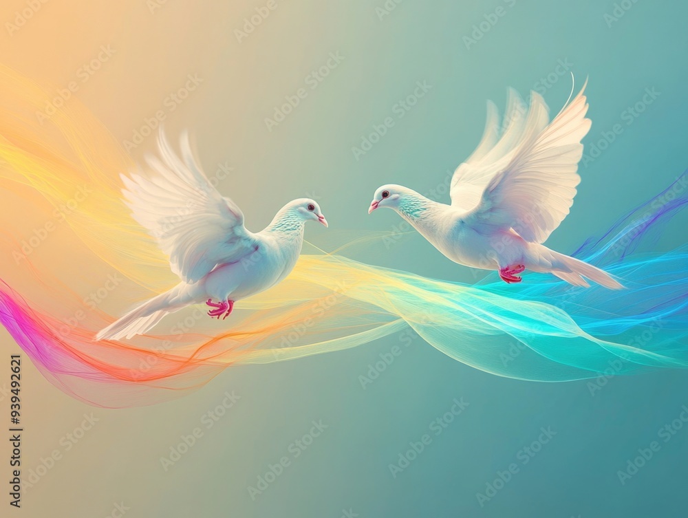 Fototapeta premium Two White Doves in Flight with Colorful Light Trails Against a Gradient Sky Background