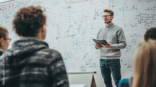 Wallpaper Mural A teacher standing in front of a smartboard, explaining a complex math problem to attentive high school students in a modern classroom Torontodigital.ca
