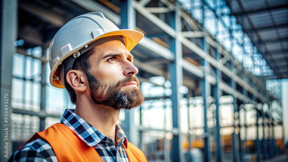 Portrait of a male worker in a hardhat supervising construction of a new factory building , construction, factory Portrait of a male worker in a hardhat supervising construction of a new factory building , construction, factory