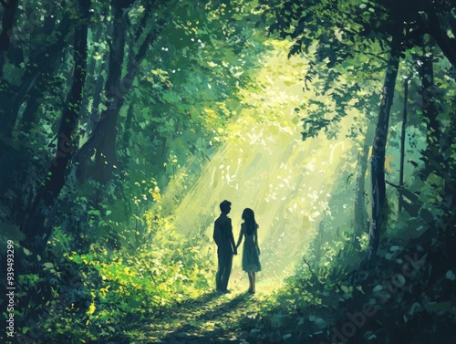 Enchanting Forest Scene with Couple Holding Hands in Sunlight