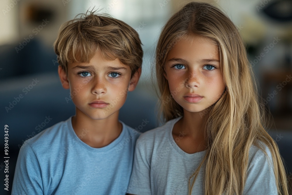 sad preteen brother and sister in t-shirts at home, Generative AI sad preteen brother and sister in t-shirts at home, Generative AI