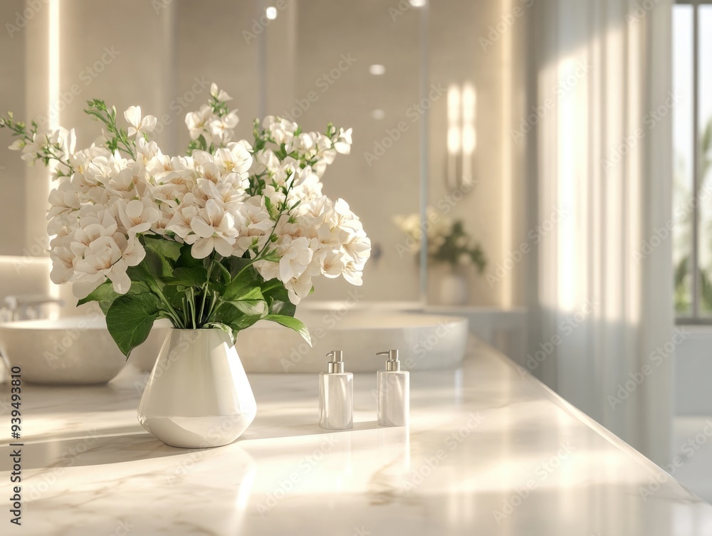 Elegant White Flowers in Modern Bathroom with Marble Counter and Natural Lighting Elegant White Flowers in Modern Bathroom with Marble Counter and Natural Lighting