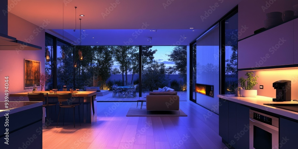 Modern kitchen and living room with a view. Modern kitchen and living room with a view.
