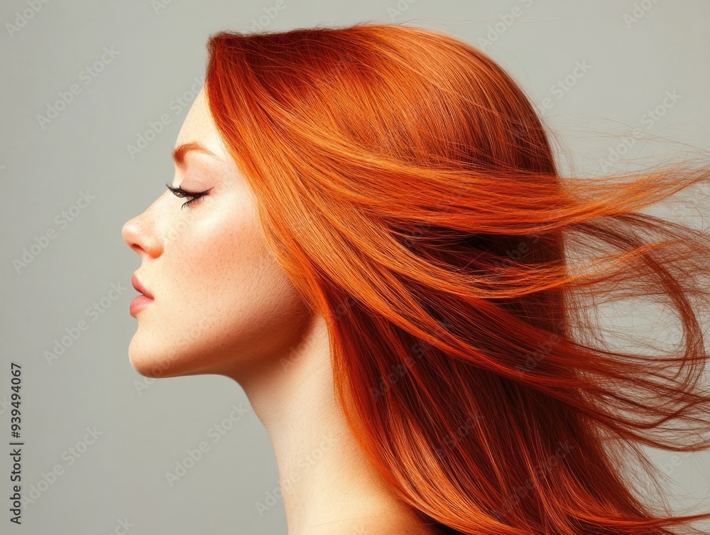 Captivating Side Profile of Woman with Flowing Red Hair Against Neutral Background