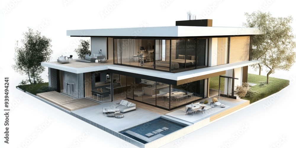 Modern house with pool, deck, and trees. Modern house with pool, deck, and trees.