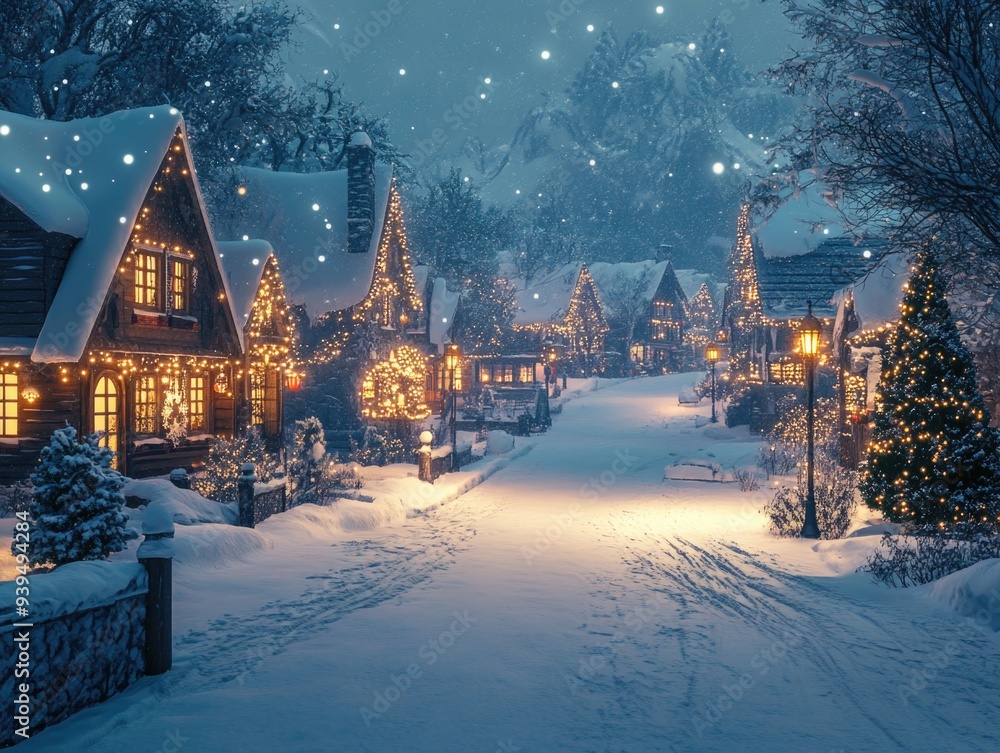 Fototapeta premium Enchanting Snowy Village at Night with Holiday Lights and Falling Snow