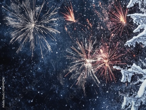 Winter Night Fireworks Display with Snow-Covered Trees and Starry Sky photo