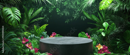 A circular stone pedestal surrounded by lush green foliage and vibrant flowers, creating an enchanting tropical atmosphere.