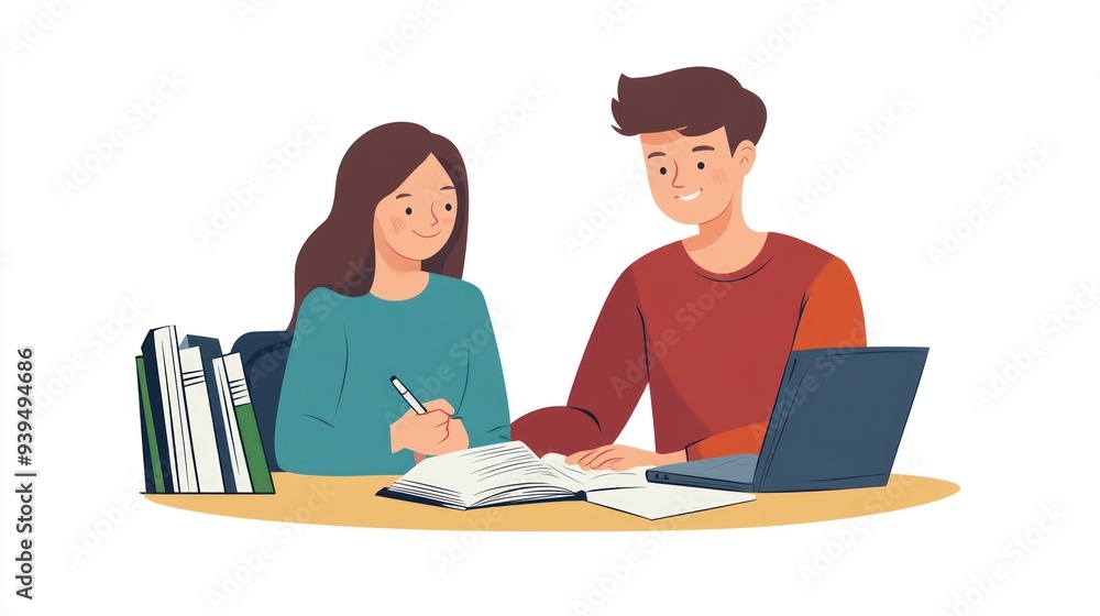 A tutor sitting with a student at a desk, helping them solve a challenging problem, with books and a laptop nearby. A tutor sitting with a student at a desk, helping them solve a challenging problem, with books and a laptop nearby.