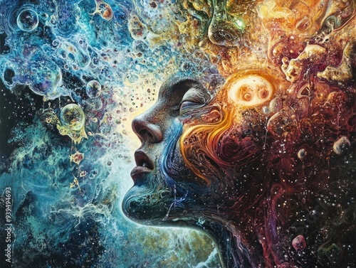 Surreal Cosmic Portrait of a Woman's Face Merging with Vibrant Abstract Universe photo