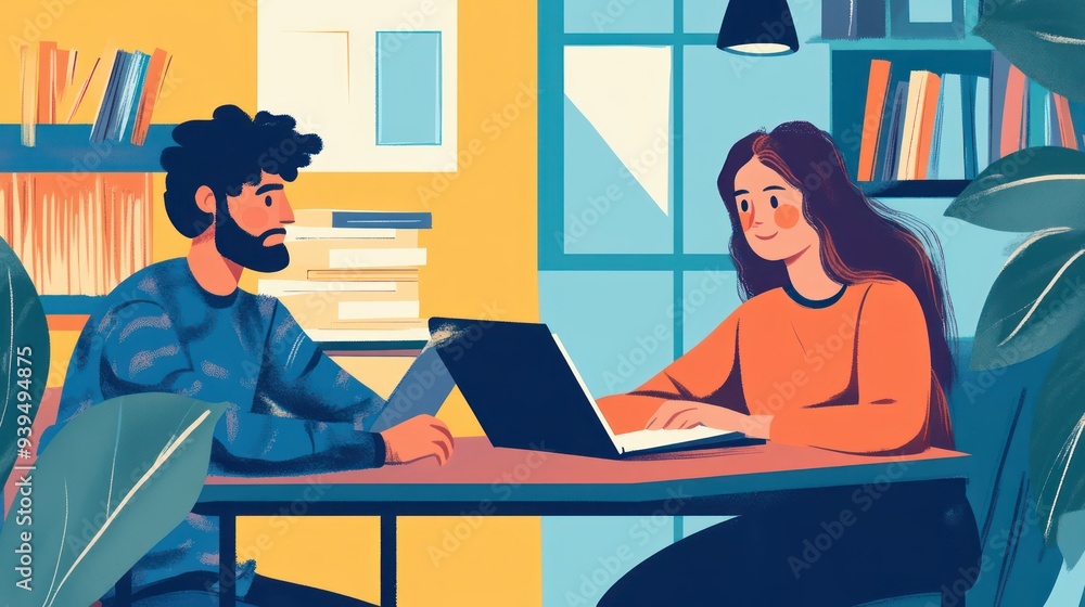 A tutor sitting with a student at a desk, helping them solve a challenging problem, with books and a laptop nearby. A tutor sitting with a student at a desk, helping them solve a challenging problem, with books and a laptop nearby.