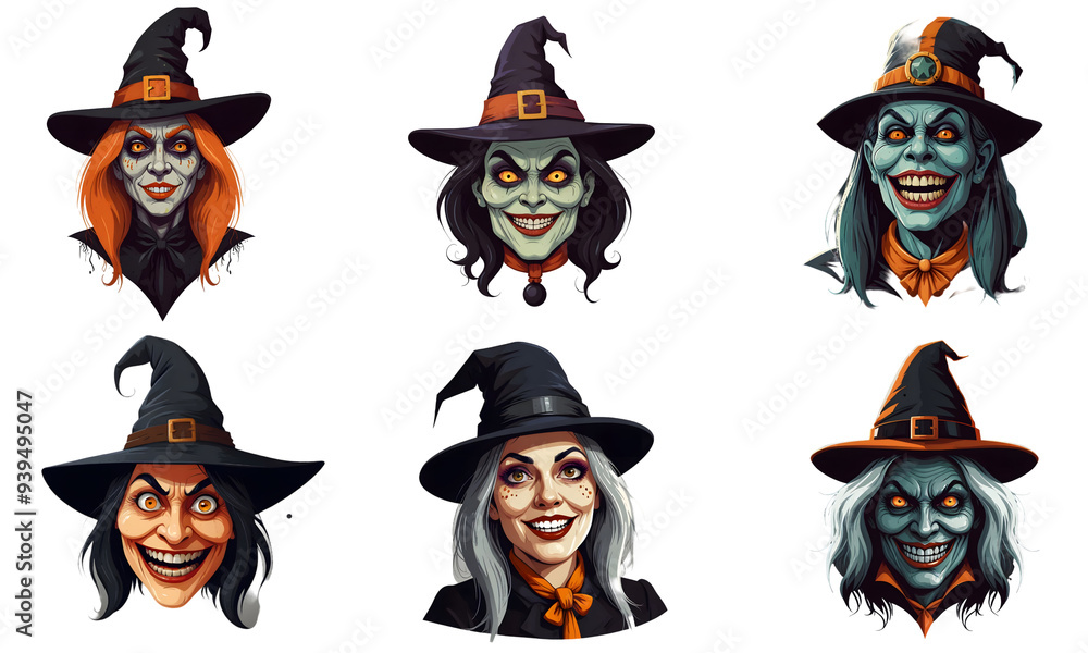 Set of cartoon horror woman witch character faces. vector illustration of evil witch smile scary circus monsters. White background. Set of cartoon horror woman witch character faces. vector illustration of evil witch smile scary circus monsters. White background.