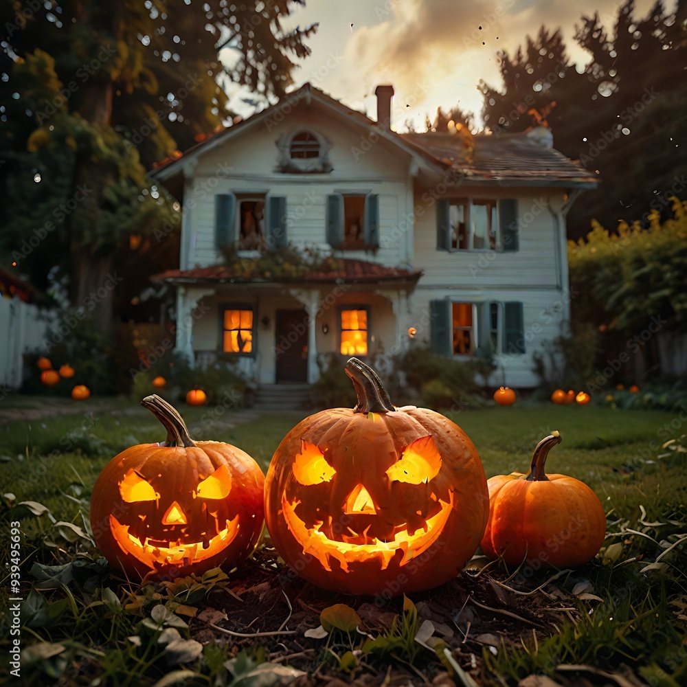 Old house with Halloween pumpkins in the garden Old house with Halloween pumpkins in the garden