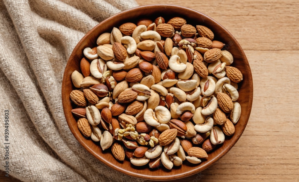 Mixed Nuts in a Wooden Bowl on a Rustic Table Mixed Nuts in a Wooden Bowl on a Rustic Table