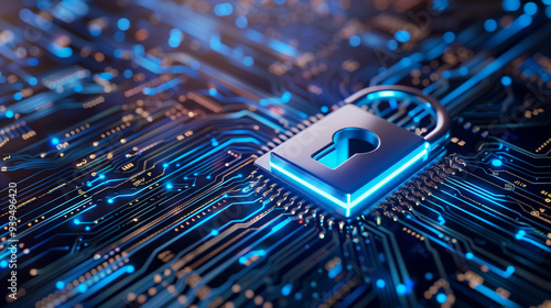 Horizontal lock with blue light on an electronic circuit. Cyber security data protection business privacy concept. Generative AI.