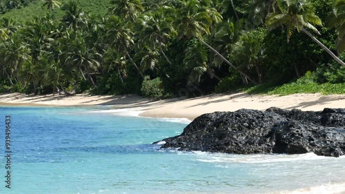Picture perfect Fiji beach with soft waves gently lapping a white sandy shore. Tropical paradise scene featuring turquoise water, peaceful seascape, island beauty and dream travel destination.