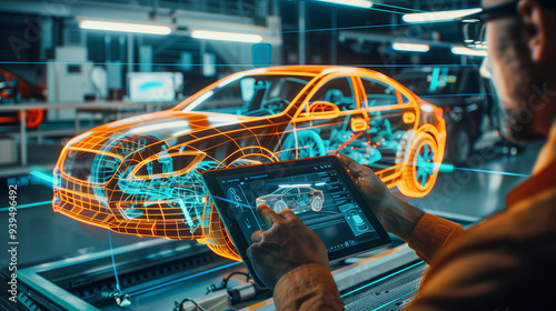 Automotive engineer uses digital tablet with Augmented Reality for Car Design. Futuristic industrial revolution. Generative AI.