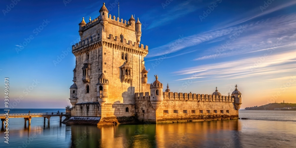 Fototapeta premium Majestic Belem Tower standing tall on the banks of the Tagus River in Lisbon, Portugal, Lisbon, Portugal