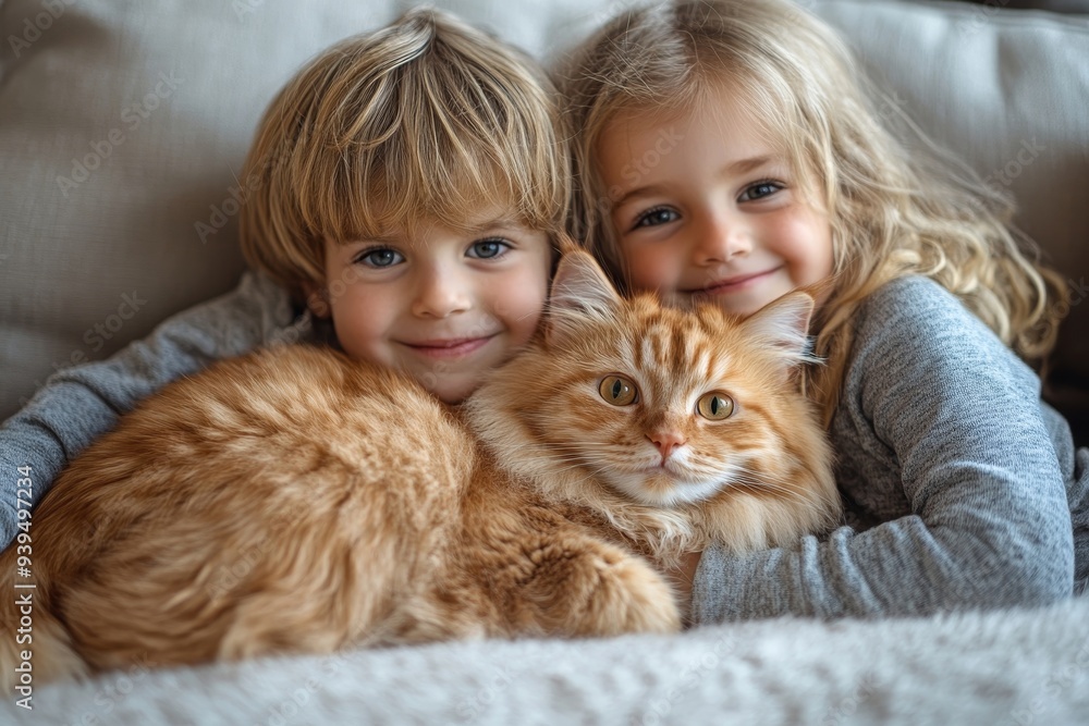Caucasian siblings with fat red cat on the couch, Generative AI Caucasian siblings with fat red cat on the couch, Generative AI
