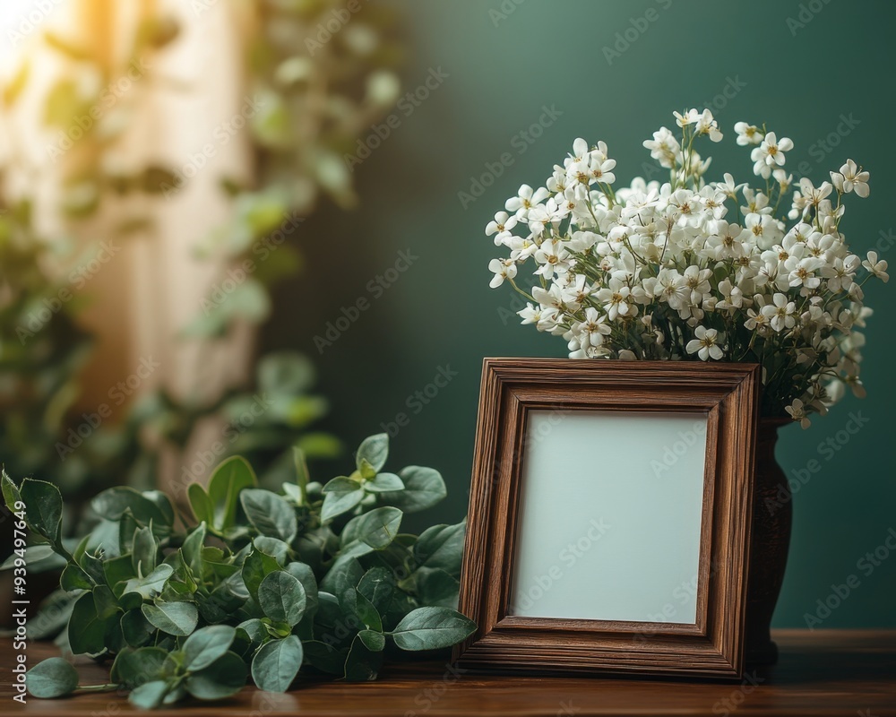 Elegant Home Decor Highlighting a Wooden Photo Frame Adorned with Fresh Flowers and Leaves, Graphic Resources, Wallpapers, Brochure, Advertising, Elegant Home Decor Highlighting a Wooden Photo Frame Adorned with Fresh Flowers and Leaves, Graphic Resources, Wallpapers, Brochure, Advertising,