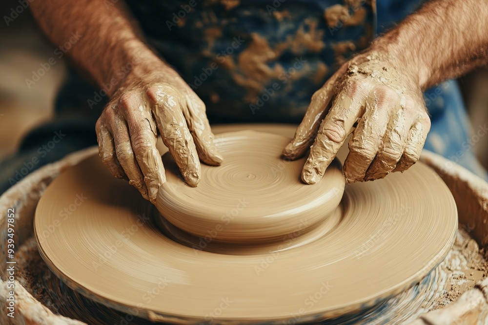 Artisanal potter shaping clay on a wheel, with detailed textures and focus on hands, representing labor's artistic side Artisanal potter shaping clay on a wheel, with detailed textures and focus on hands, representing labor's artistic side