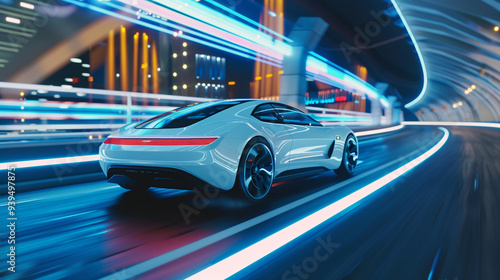 Futuristic supercar moving on high way in a night city, with neon lights, high speed blur cityscape. Generative AI.