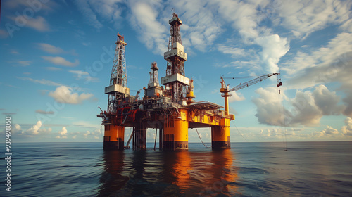 Aerial view offshore drilling rig at the offshore location. Gas and oil rig platform. Generative AI. photo