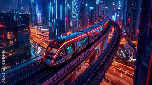 Top view of modern speed train on track night. Railway with city building, bright road lights at night. Generative AI.
