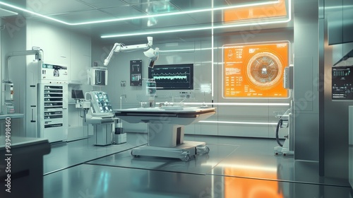 Futuristic medical lab with holographic displays and equipment