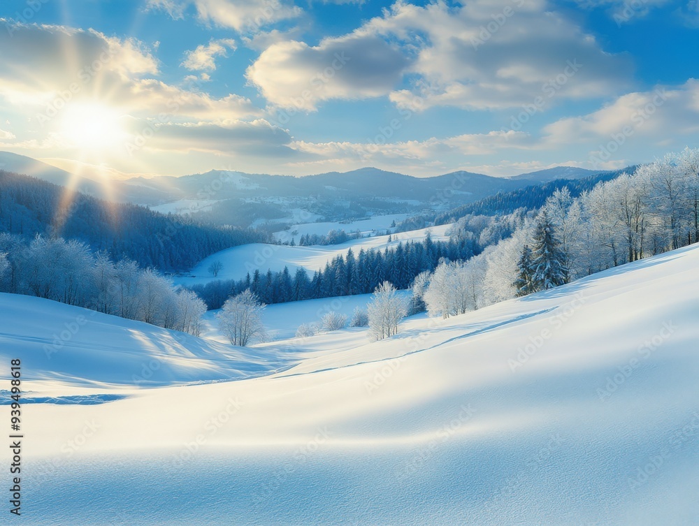 Obraz premium Winter landscape with snow-covered hills and bright sun in serene valley