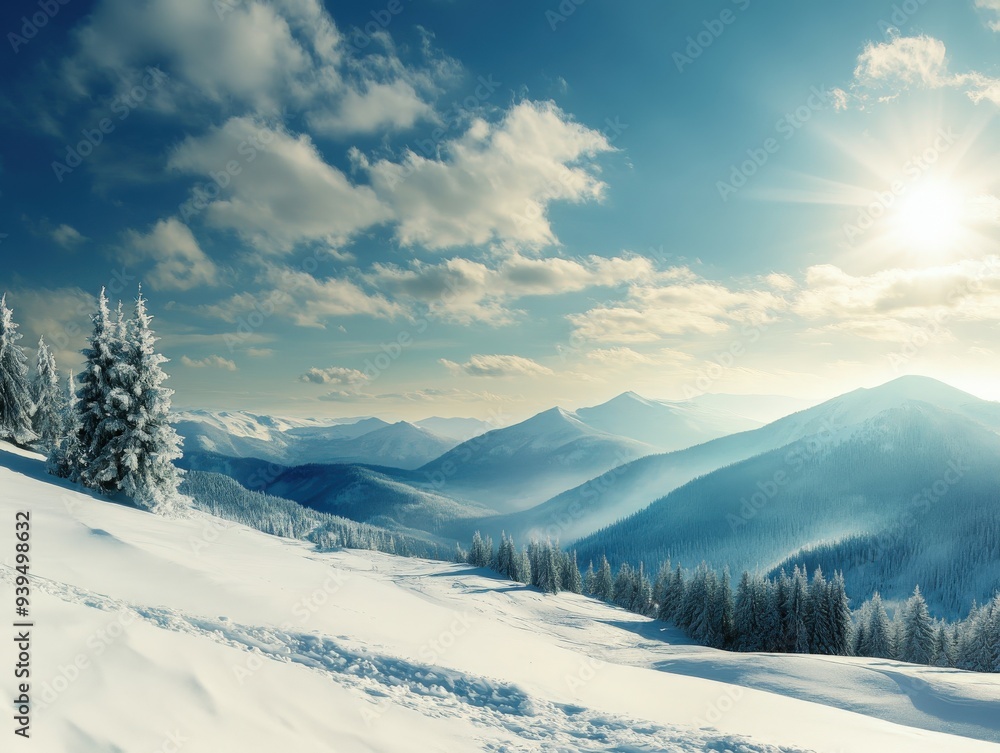 Stunning winter landscape at sunrise with snow-covered mountains Stunning winter landscape at sunrise with snow-covered mountains