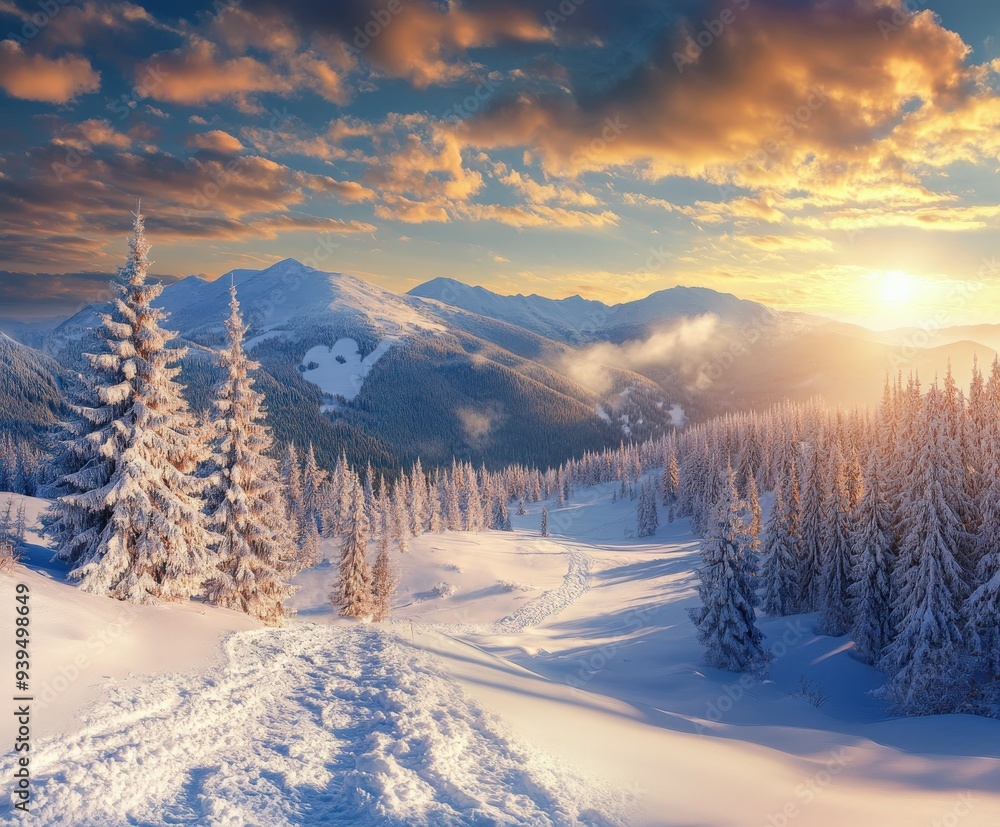 Serene winter landscape at sunrise with snow-covered mountains and trees Serene winter landscape at sunrise with snow-covered mountains and trees