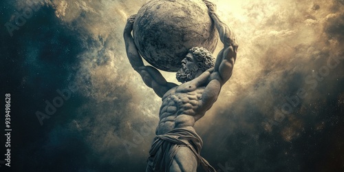 A muscular statue holds a globe in the sky. photo