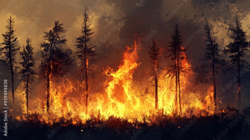 A forest engulfed in flames, depicting the destructive impact of wildfires. A forest engulfed in flames, depicting the destructive impact of wildfires.