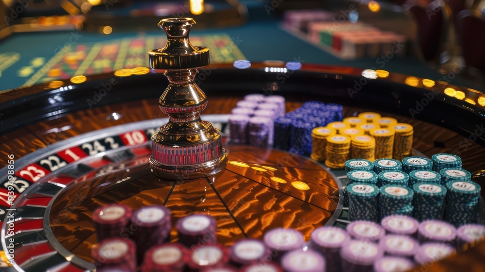 Photograph of a stack of colored chips on a roulette table with a ball spinning on the wheel. Photograph of a stack of colored chips on a roulette table with a ball spinning on the wheel.