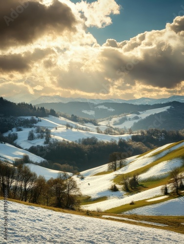 Snow-covered hills under a dramatic sky in a serene winter landscape