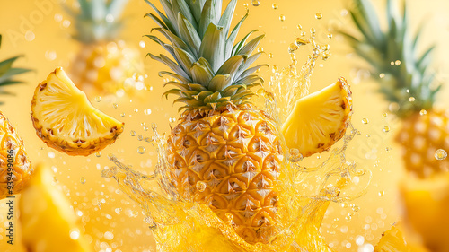 Pineapple and pineapple pieces in water splash on yellow background. Summer fruit background.
