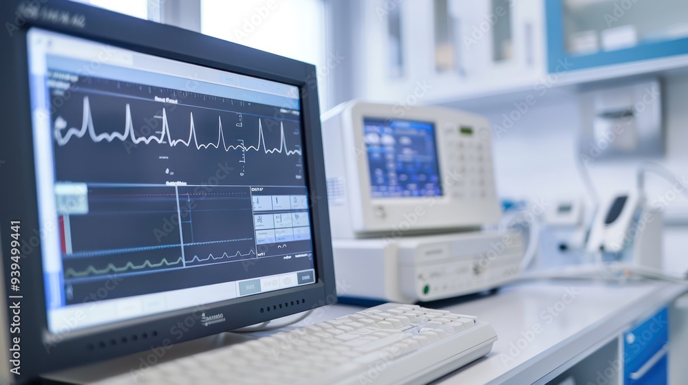 photograph of An electrocardiogram (EKG) machine with a clear display of heart waves is located in a quiet clinic. photograph of An electrocardiogram (EKG) machine with a clear display of heart waves is located in a quiet clinic.