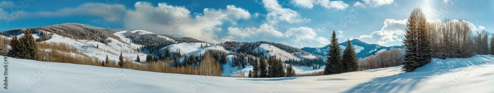 Snow-covered mountains and trees under a bright winter sky at noon Snow-covered mountains and trees under a bright winter sky at noon