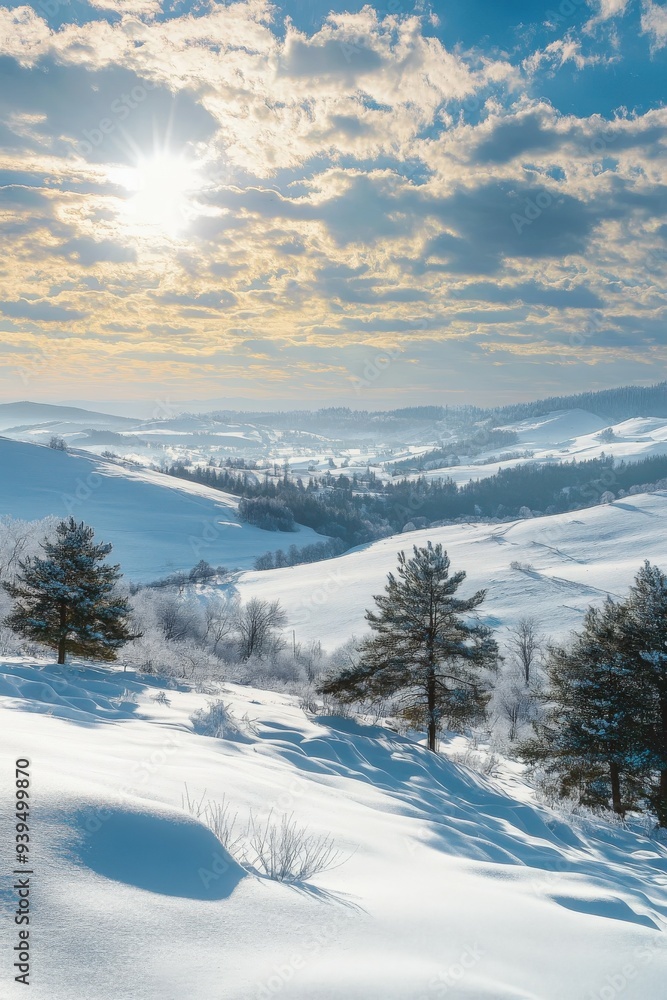 Stunning winter landscape with snow-covered hills and sunlight at dawn Stunning winter landscape with snow-covered hills and sunlight at dawn