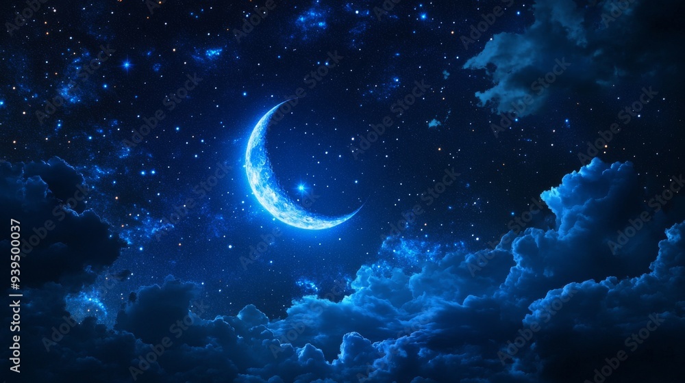 Night sky filled with blue stars and a crescent moon, serene and calm atmosphere Night sky filled with blue stars and a crescent moon, serene and calm atmosphere