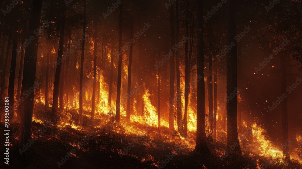 A forest engulfed in flames, illustrating the destructive impact of wildfires. A forest engulfed in flames, illustrating the destructive impact of wildfires.
