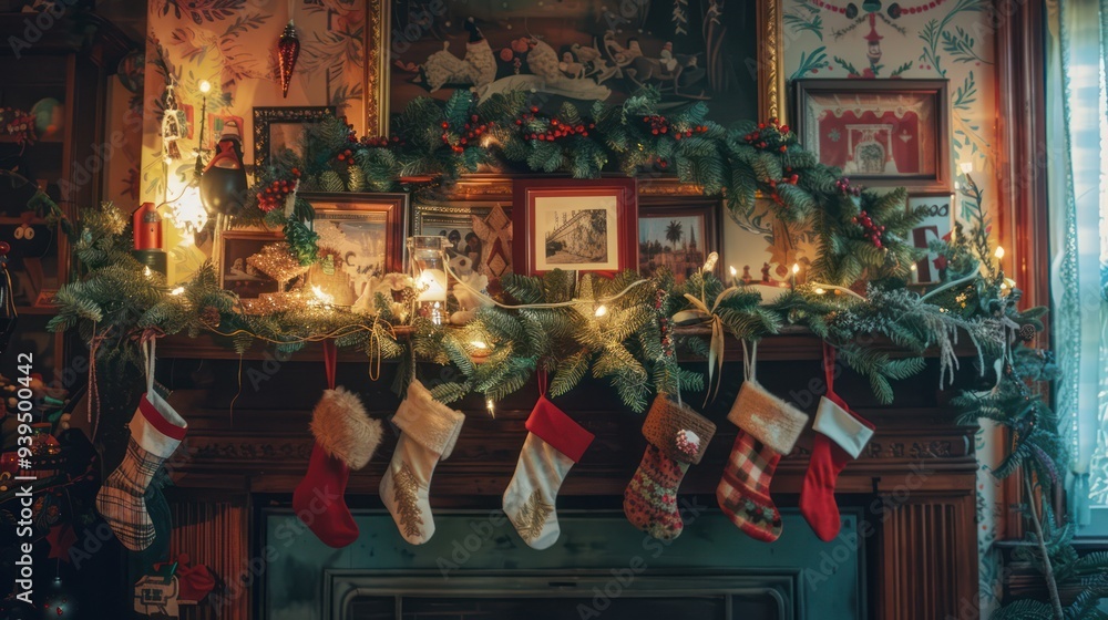 Photo of a beautifully decorated shelf with socks hanging from it. and a garland of pine branches and fairy lights Photo of a beautifully decorated shelf with socks hanging from it. and a garland of pine branches and fairy lights
