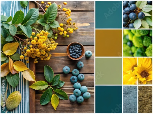 Rich, muted hues of blues and grays harmonize with warm, earthy tones of browns and yellows, balanced by nature's freshness in calming shades of green. photo