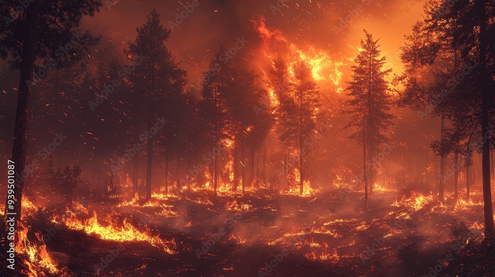 A forest engulfed in flames, illustrating the destructive impact of wildfires on nature. A forest engulfed in flames, illustrating the destructive impact of wildfires on nature.