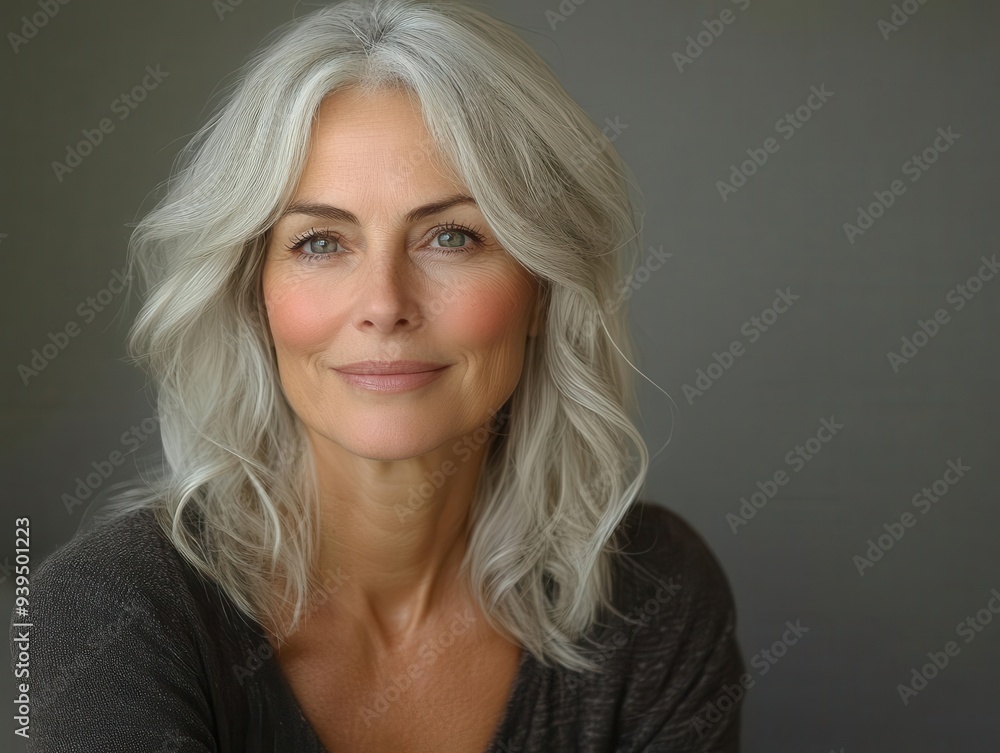 timeless portrait of radiant 50s woman with silver hair genuine laughter lines framing sparkling eyes embodying grace and vitality against softfocus background timeless portrait of radiant 50s woman with silver hair genuine laughter lines framing sparkling eyes embodying grace and vitality against softfocus background